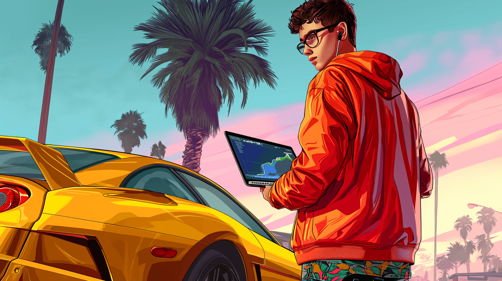  Rapaz de moletom laranja ao lado de um carro esportivo amarelo