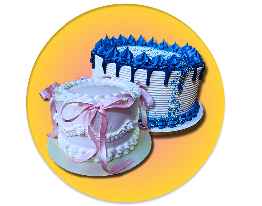 Dois bolos com fundo circular amarelo com estrelas brancas redor